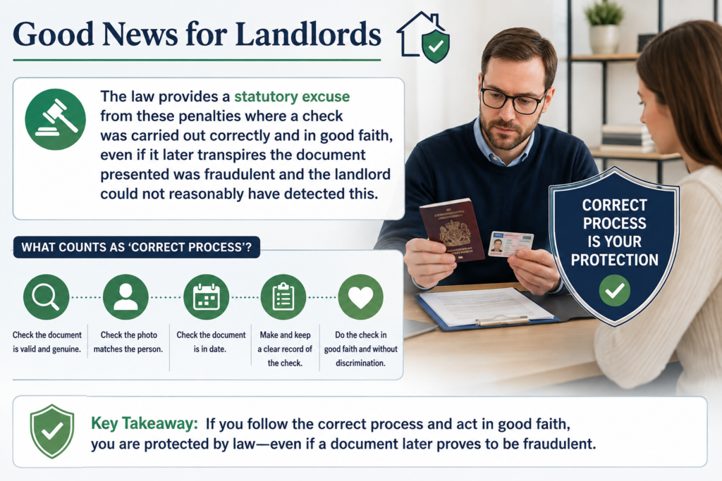 The good news for landlords is that the law provides a statutory excuse from these penalties where a check was carried out correctly and in good faith, even if it later transpires the document presented was fraudulent and the landlord could not reasonably have detected this. Correct process is, in effect, the landlord's protection.