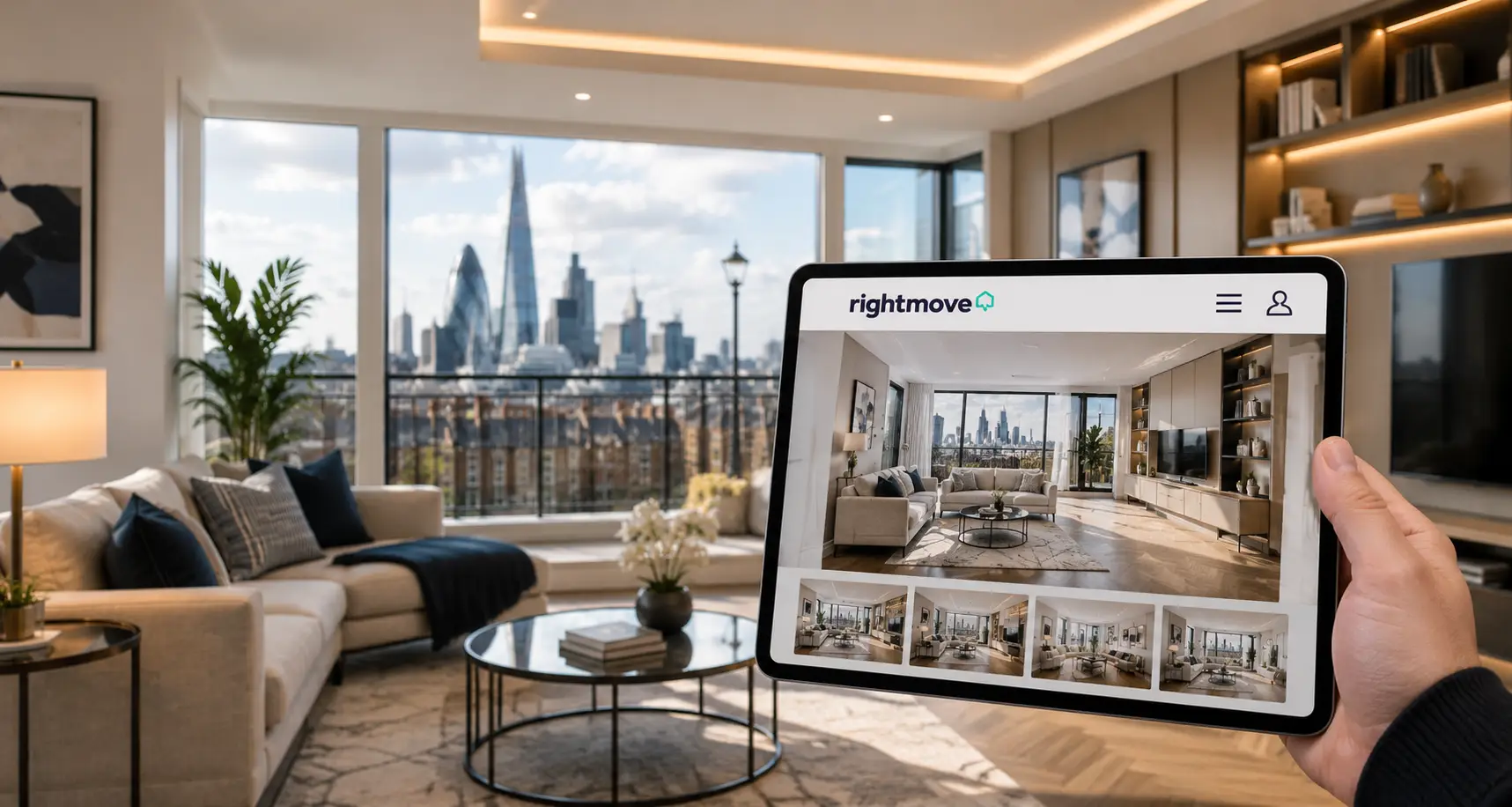 Tablet Browsing a London Skyline Apartment