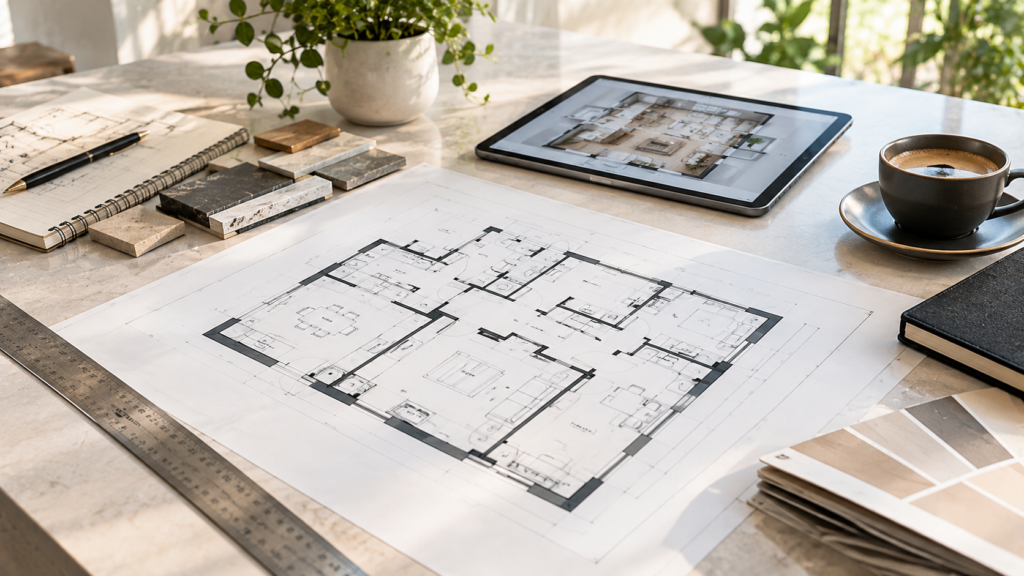 Architect’s Blueprint Workspace with Material Samples