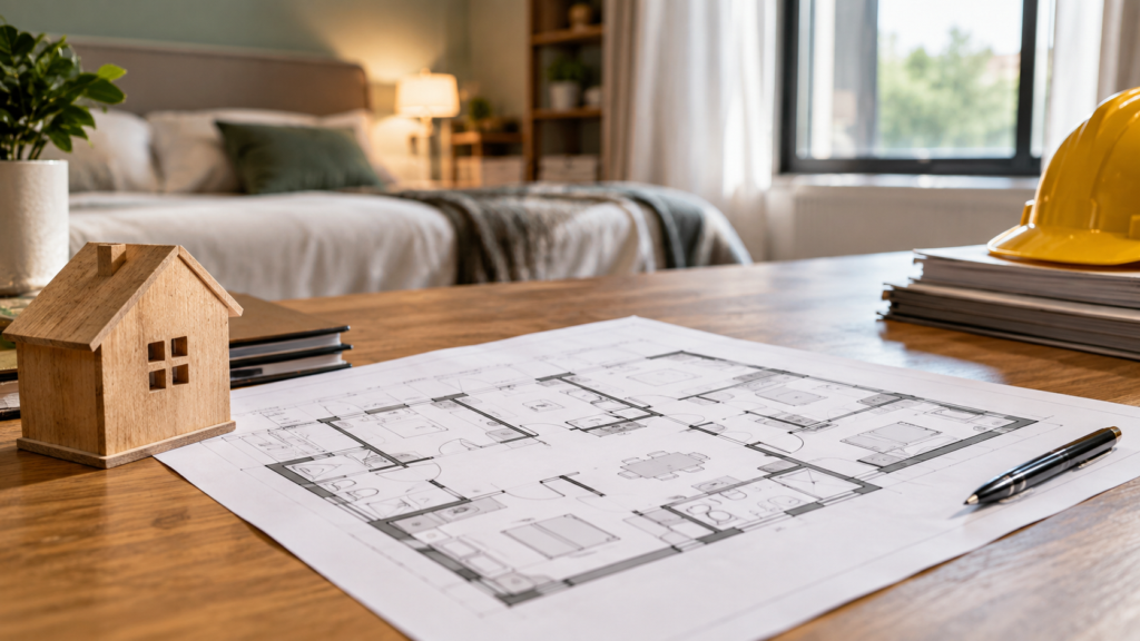 Architectural Blueprint and Safety Helmet