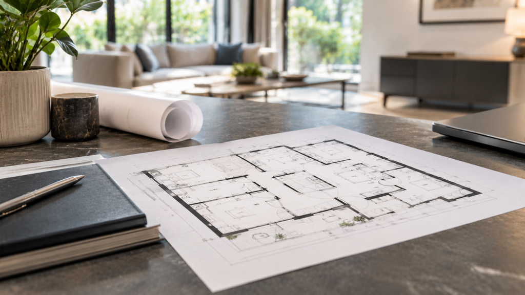 Architectural Plans in a Sunlit Workspace