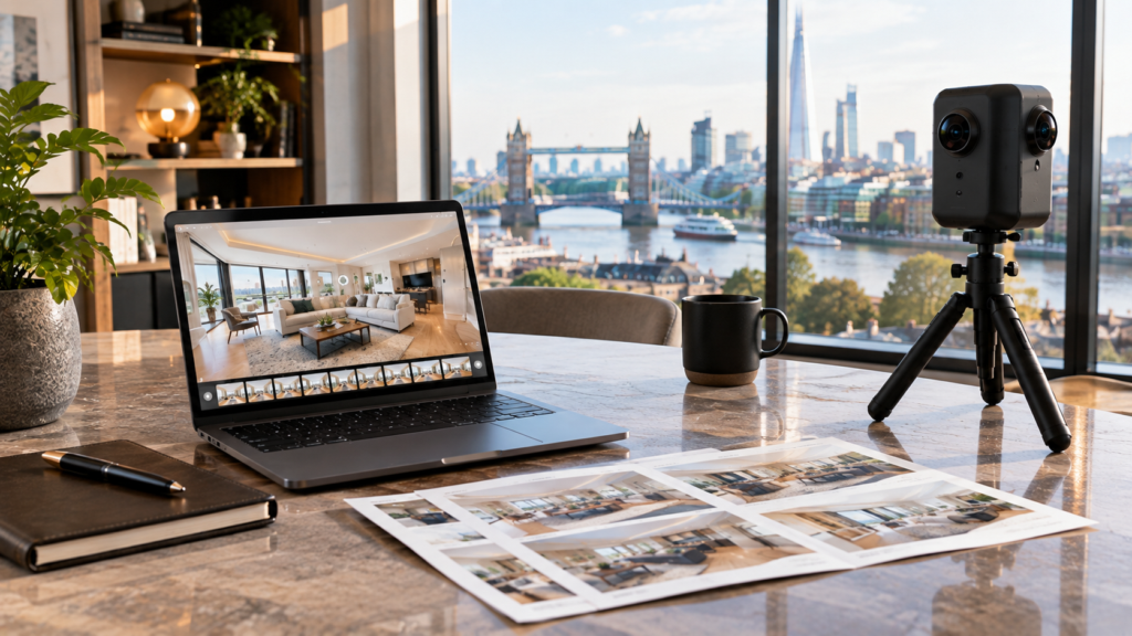 Real Estate Virtual Tour Workspace with London Skyline
